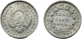 BOLIVIA 1881 PTS FE 20 CENTAVOS SILVER Republic, Potosi Mint 4.61g KM#159.1