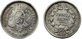 BOLIVIA 1889/8 PTS FE 20 CENTAVOS SILVER Republic, Potosi Mint 4.7g KM#159.2
