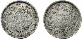 BOLIVIA 1892 PTS CB 1/2 BOLIVIANO / 50 CENTAVOS SILVER Republic, Potosi Mint 11.39g KM#161.5