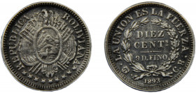 BOLIVIA 1893 PTS CB 10 CENTAVOS SILVER Republic, Potosi Mint(Mintage 46104) 2.29g KM# 157.3