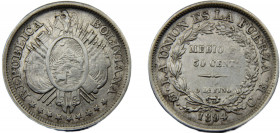 BOLIVIA 1894 PTS CB 1/2 BOLIVIANO / 50 CENTAVOS SILVER Republic, Potosi Mint 11.51g KM#161.5