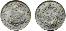 BOLIVIA 1903 PTS MM 1/2 BOLIVIANO / 50 CENTAVOS SILVER Republic, Potosi Mint 11.26g KM#175.1