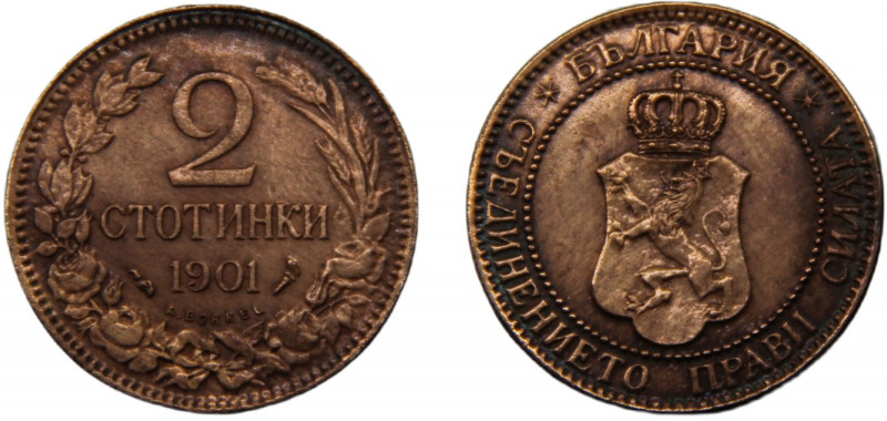BULGARIA Ferdinand I 1901 2 STOTINKI BRONZE Principality, Paris Mint 1.94g KM# 2...