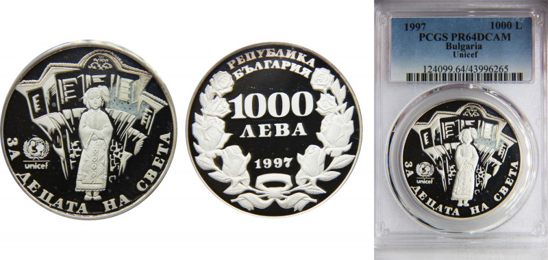 BULGARIA 1997 1000 LEVA Silver PCGS DCAM 50th Anniversary of UNICEF KM# 232