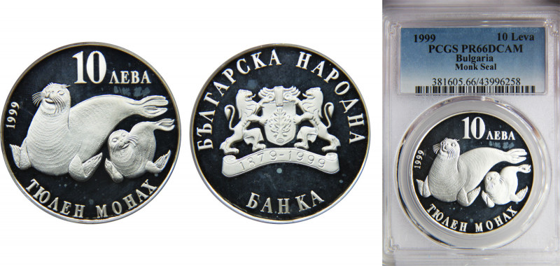 BULGARIA 1999 10 LEVA Silver PCGS DCAM Endangered Wild Animals Series, Monk Seal...