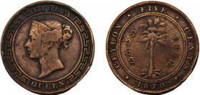 CEYLON Victoria 1870 5 CENT COPPER British, Calcutta Mint 18.98g KM# 93