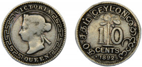 CEYLON Victoria 1892 10 CENT SILVER British, Royal Mint 1.12g KM# 94