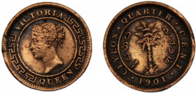 CEYLON Victoria 1901 ¼ CENT COPPER British, Calcutta Mint 1.24g KM# 90