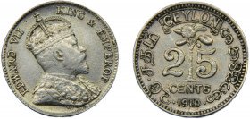 CEYLON Edward VII 1910 25 CENT SILVER British, Royal Mint 2.91g KM# 98