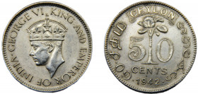 CEYLON George VI 1942 50 CENT SILVER British, Calcutta Mint 5.81g KM# 114