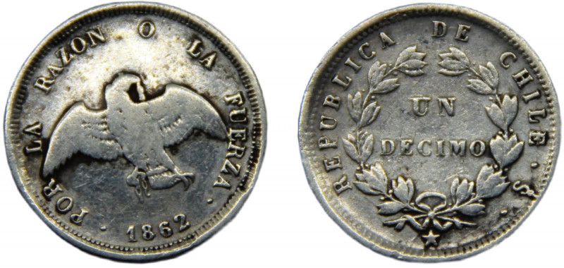 CHILE 1862 So 1 DÉCIMO SILVER Republic, Santiago Mint(Mintage 95000) 2.41g KM# 1...