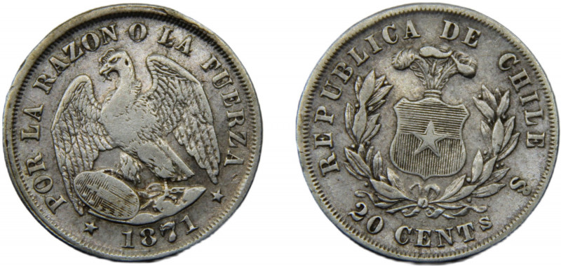 CHILE 1871 So 20 CENTAVOS SILVER Republic, Santiago Mint 4.91g KM# 138.1