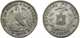 CHILE 1872/0 So 50 CENTAVOS SILVER Republic, Santiago Mint, Scarse 12.32g KM# 139