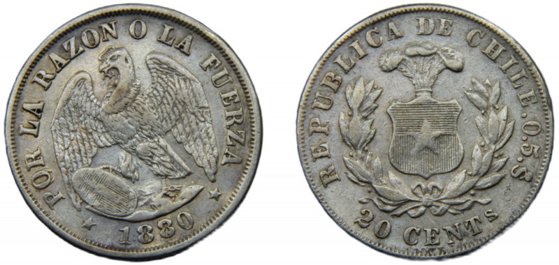 CHILE 1880 So 20 CENTAVOS SILVER Republic, Santiago Mint 4.91g KM#138.2