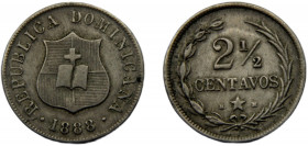 DOMINICAN 1888 H H 2½ CENTAVOS ALLOY Second Republic, Heaton's Mint 1.99g KM#7.4
