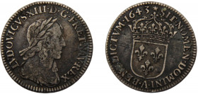 FRANCE Louis XIII 1643 A 1/12 ECU SILVER Kingdom, Paris Mint 2.11g Dy# 1352