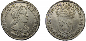 FRANCE Louis XIV 1645 A ¼ ECU SILVER Kingdom, Paris Mint 6.72g Dy# 1463
