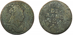 FRANCE Louis XIV 1655-1658 E 1 LIARD COPPER Kingdom, Tours Mint 3.53g KM# 192