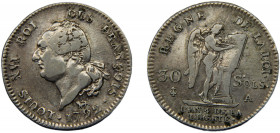 FRANCE Louis XVI 1792 A 30 SOLS SILVER Kingdom, Paris Mint 10.09g KM#606.1