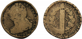 FRANCE Louis XVI 1792 BB 2 SOLS COPPER Kingdom, Strasbourg Mint 22.21g KM# 612