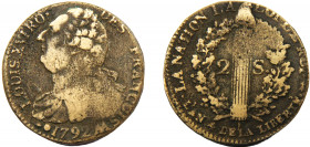 FRANCE Louis XVI 1792 AA 2 SOLS COPPER Kingdom, Metz Mint 22.47g KM#603