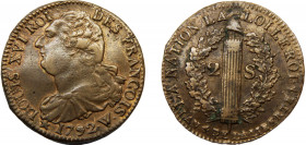 FRANCE Louis XVI 1792 W 2 SOLS COPPER Kingdom, Lille Mint 25.82g KM#603