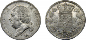 FRANCE Louis XVIII 1824 W 5 FRANCS SILVER Kingdom, bare head, Lille Mint 24.9g KM# 711.13