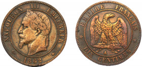FRANCE Napoleon III 1862 A 10 CENTIMES BRONZE Second Empire, Paris Mint 9.78g KM# 798