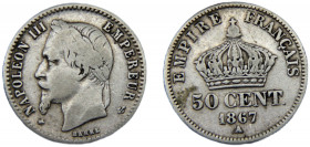 FRANCE Napoleon III 1867 A 50 CENTIMES SILVER Second Empire, Paris Mint 2.47g KM# 814.1