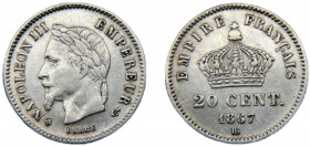FRANCE Napoleon III 1868 BB 20 CENTIMES SILVER Second Empire, Strasbourg Mint 0.99g KM# 808.2