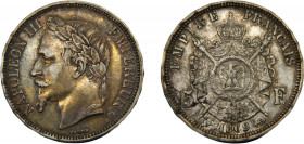 FRANCE Napoleon III 1869 BB 5 FRANCS SILVER Second Empire, Strasbourg Mint 24.9g KM# 799.2