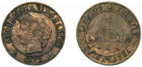 FRANCE 1877 A 1 CENTIME BRONZE Third Republic, Paris Mint 1g KM# 826