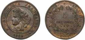 FRANCE 1889 A 5 CENTIMES BRONZE Third Republic, Paris Mint 4.91g KM# 821