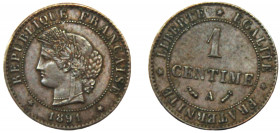 FRANCE 1891 A 1 CENTIME BRONZE Third Republic, Paris Mint 0.99g KM# 826