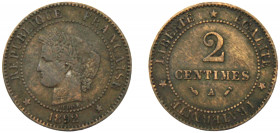 FRANCE 1892 A 2 CENTIMES BRONZE Third Republic, Paris Mint 1.97g KM# 827