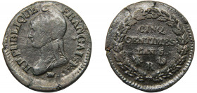 FRANCE LAN 5 (1796) R 5 CENTIMES COPPER First Republic, Orléans Mint 10.56g KM# 640
