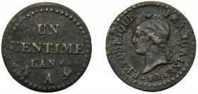 FRANCE LAN 6 (1797) A 1 CENTIME COPPER First Republic, Paris Mint 1.73g KM# 646