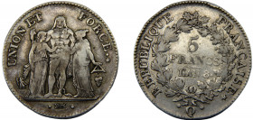 FRANCE LAN 8 (1799) Q 5 FRANCS SILVER First Republic, Perpignan Mint 24.99g F# 288