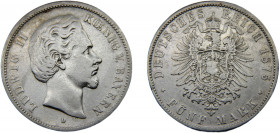 GERMAN EMPIRE Bavaria Ludwig II 1875 D 5 MARK SILVER Kingdom, Munich Mint 27.47g KM# 896
