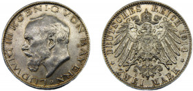 GERMAN EMPIRE Bavaria Ludwig III 1914 D 2 MARK SILVER Kingdom, Munich Mint 11.14g KM# 1002
