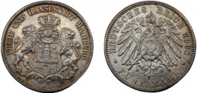 GERMAN EMPIRE Hamburg 1908 J 5 MARK SILVER Free Hanseatic City, Hamburg Mint 27.64g KM# 610