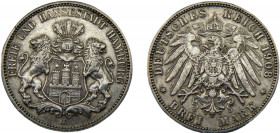 GERMAN EMPIRE Hamburg 1908 J 3 MARK SILVER Free Hanseatic City, Hamburg Mint 16.69g KM# 620
