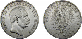 GERMAN EMPIRE Hessen-Darmstadt Ludwig III 1875 H 5 MARK SILVER Grand duchy, Darmstadt Mint 27.44g KM# 353