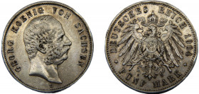 GERMAN EMPIRE Saxony-Albertinian Georg I 1904 E 5 MARK SILVER Kingdom, Dresden Mint 27.84g KM# 1258