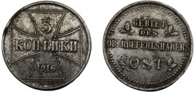 GERMAN EMPIRE Wilhelm II 1916 J 3 KOPECKS IRON WWI, Military Coinage, German occupied Baltic Sea, Hamburg Mint 8.72g KM# 23