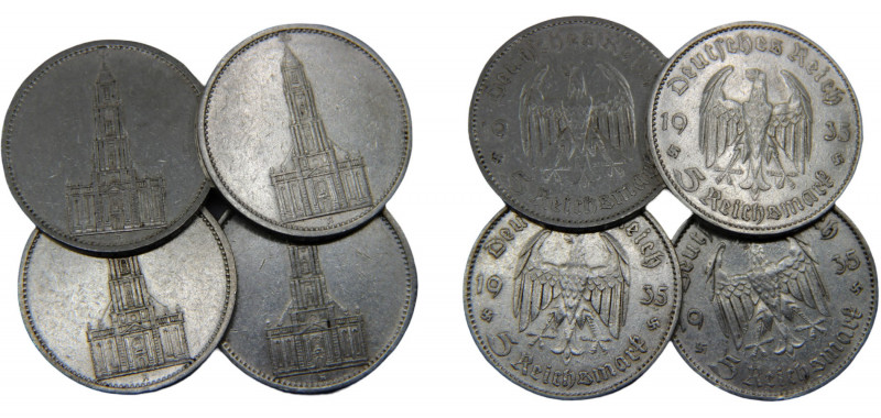 GERMAN THIRD RICH 1935 A 5 REICHSMARK SILVER Potsdam Garrison Church, 4 Lots, Be...