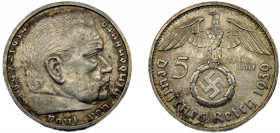 GERMAN THIRD RICH 1939 B 5 REICHSMARK SILVER Paul von Hindenburg, Vienna Mint 13.92g KM# 94
