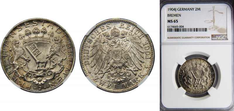 GERMANY Bremen 1904 2 MARK Silver NGC States, J, Free imperial city, Lovely Pati...
