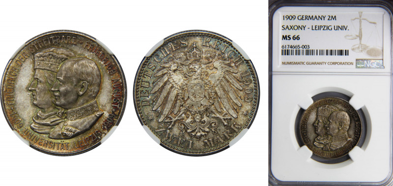GERMANY Saxony Friedrich August III 1909 2 MARK Silver NGC States, 500th Anniver...