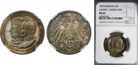 GERMANY Saxony Friedrich August III 1909 2 MARK Silver NGC States, 500th Anniversary of the Leipzig University, Lovely Patina KM# 1268, J# 138